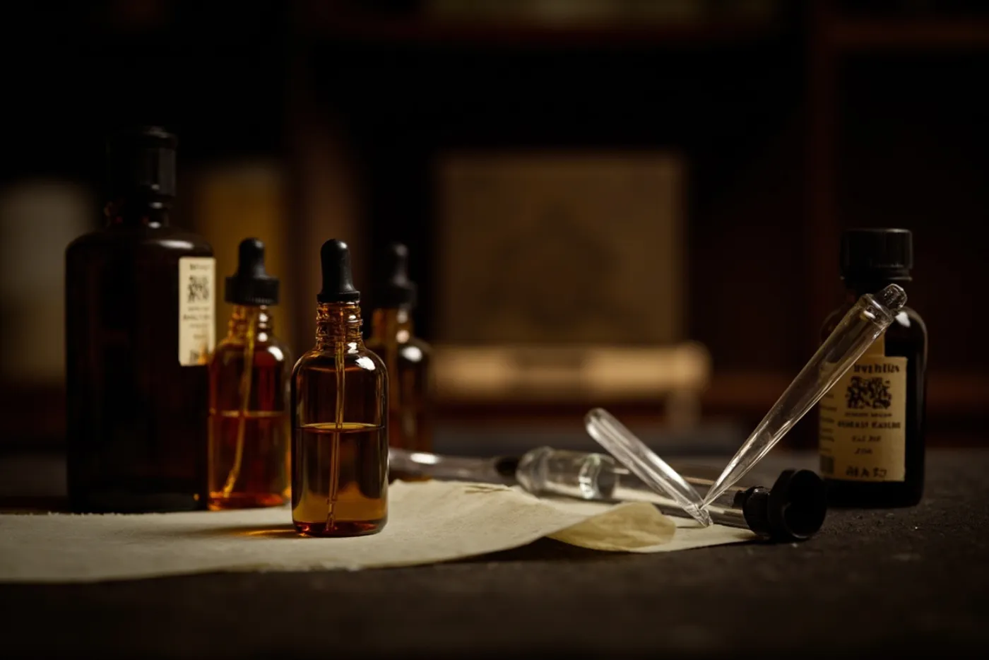 Fragrance oils and pipettes in the YASUNY atelier